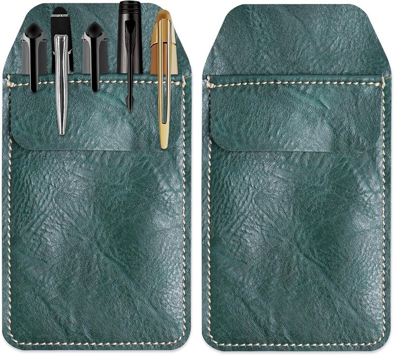 Haecsfl 2 Pieces PU Leather Pocket Protector,Pen Pouch Holder Organizer for Shirts, Lab Coats, Pants - Multi-Purpose - Holds Pens, Pointers, Pencils, and Notes(2-Dark Green) - Image 1